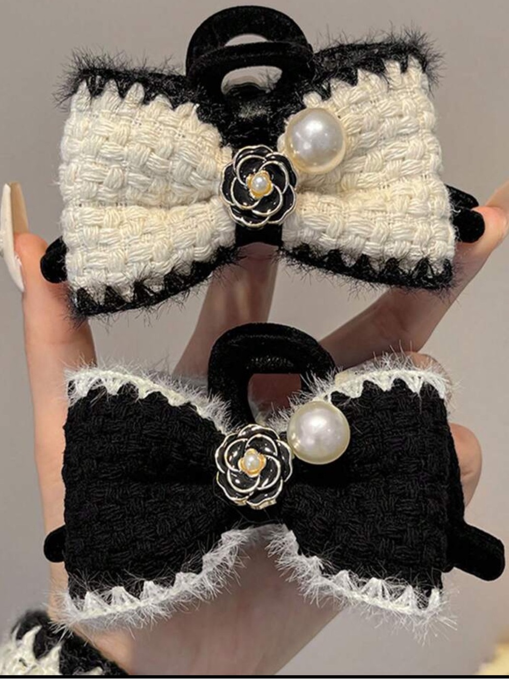 2 pc pearl bow hair clip, tweed camellia flower centerpiece, faux pearl accent